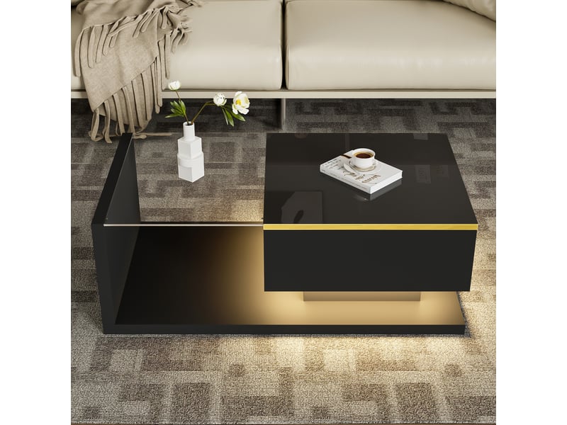  Table basse élégante 90x50x32,5cm , led 16 couleurs, haute brillance, verre+panneaux de particules, noir  - Conforama W