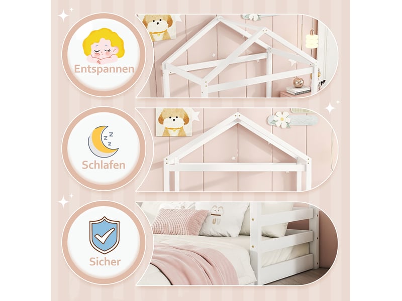  Lit enfant maison 140x200 cm avec sommier à lattes, blanc  - Conforama E
