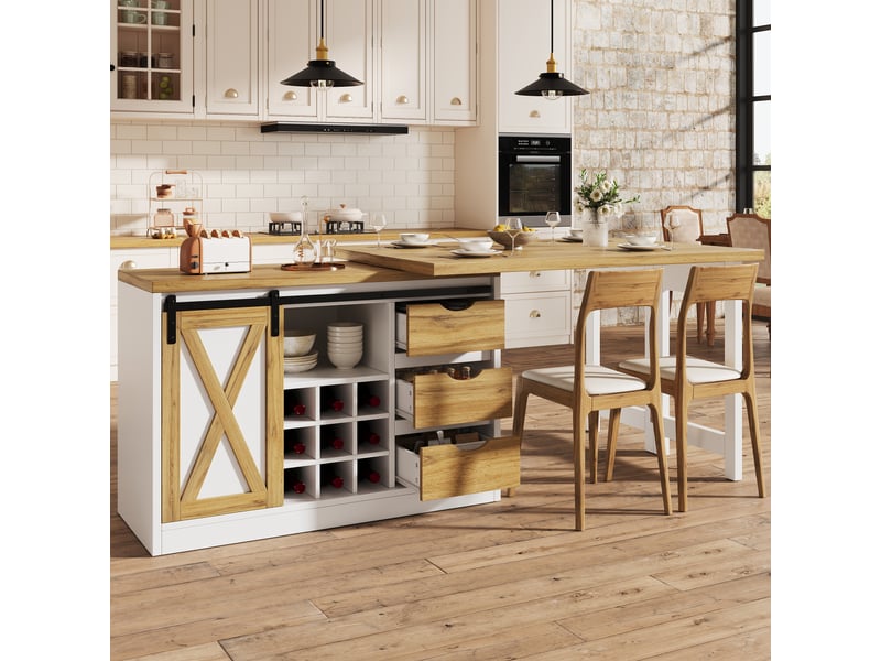 Îlot de cuisine extensible 120-197 cm avec table à manger – rangement, porte coulissante style grange, 3 tiroirs et porte-bouteilles amovible, meuble bar de cuisine blanc et bois naturel - Conforama C