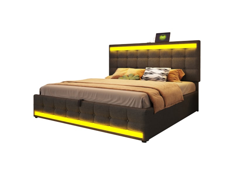 Lit tapissier 180x200 cm avec rangement hydraulique - pour enfant, usb, led couleur changeante, gris lin - Conforama A