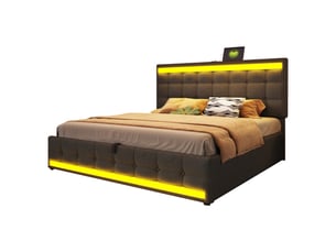 Lit tapissier 180x200 cm avec rangement hydraulique - pour enfant, usb, led couleur changeante, gris lin