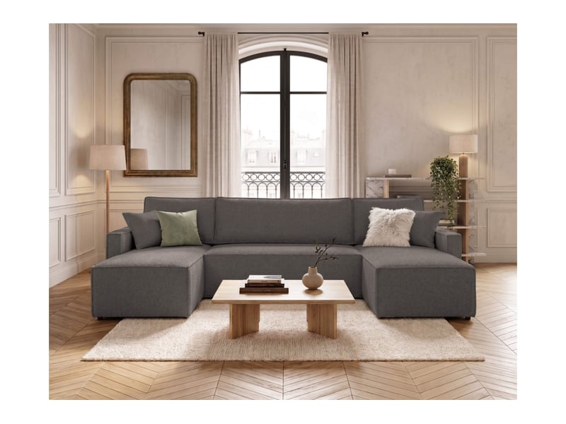 Farah - canapé d'angle panoramique convertible 6 places accoudoirs slim en tissu bouclettes texturées - Conforama B