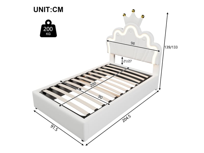  Lit coffre enfant 90x200cm pu blanc avec led sommier relevable - lit enfant fille - design couronne princesse tête de lit réglable  - Conforama C