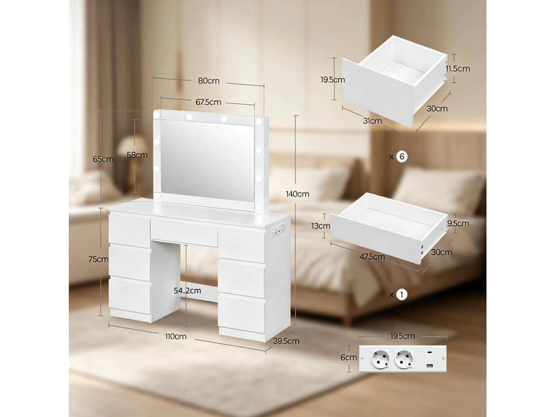  Coiffeuse 110x39,5x140,5 cm avec miroir et prises intégrées bois blanc  - Conforama C