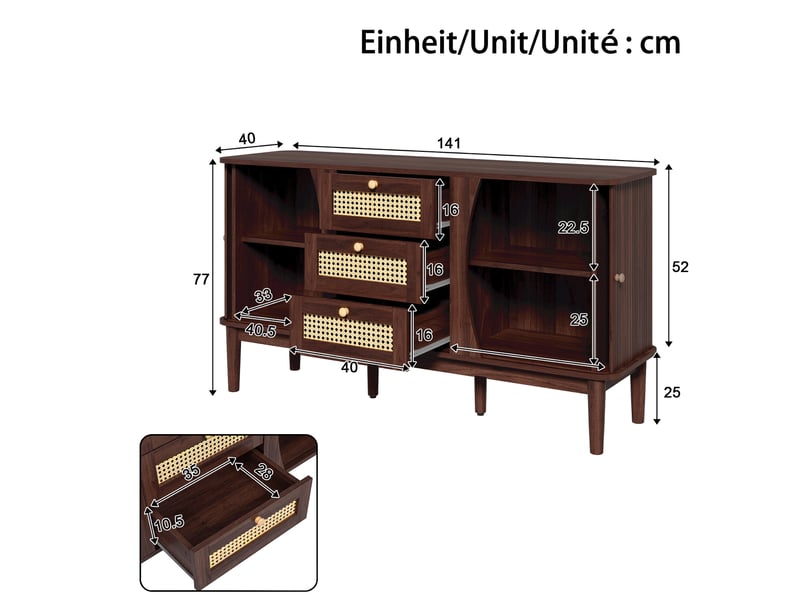  Buffet à portes coulissantes, tiroirs en rotin et étagères réglables, mdf coloris naturel  - Conforama E
