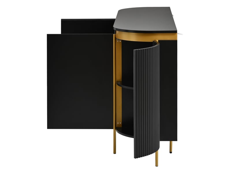  Buffet noir ovale 140 x 38 x 80 cm, 4 portes avec rangement et passe-câbles, pieds en fer  - Conforama E