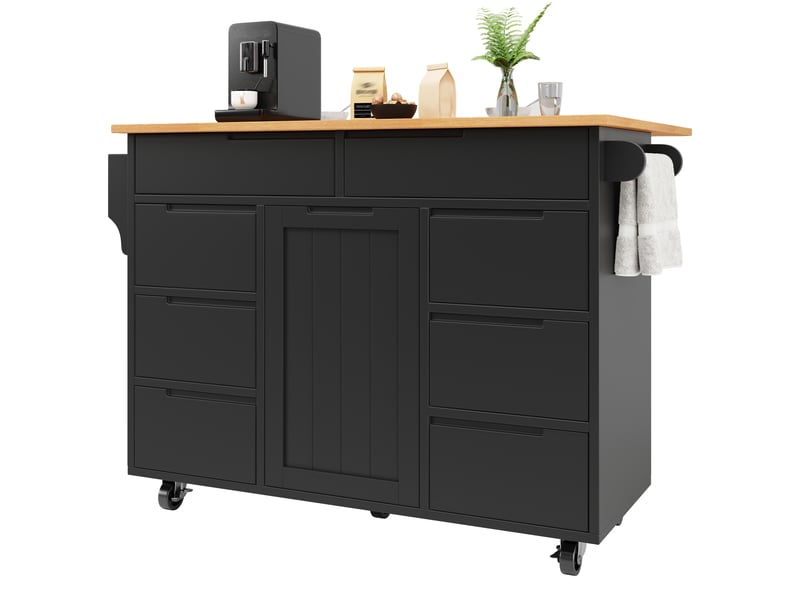 Desserte cuisine, îlot central sur roulettes avec plan de travail, plateau extensible, 8 tiroirs, dimensions 122 x 74,5 x 91,5 cm, mdf, noir - Conforama E