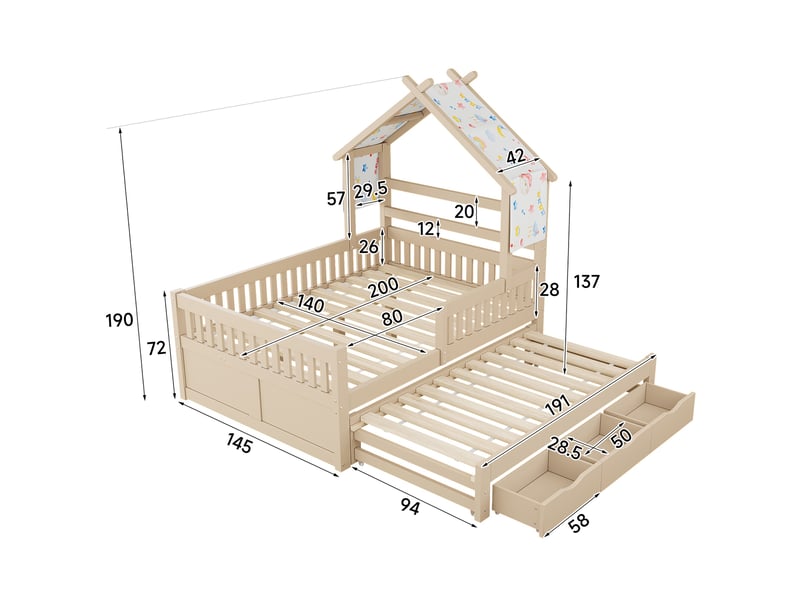  Lit cabane enfant, lit gigogne double 140x200 cm avec 3 tiroirs de rangement et barrières de sécurité, style montessori, crème  - Conforama E