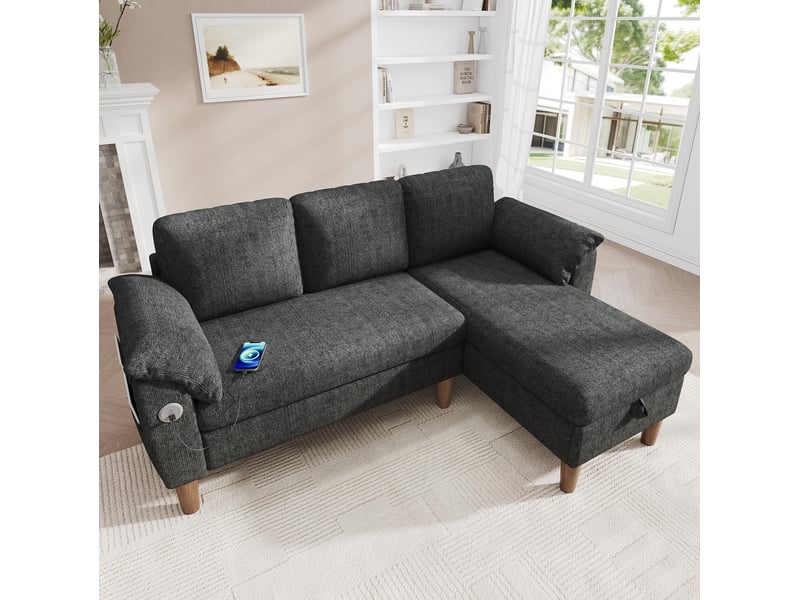  Canapé d'angle réversible 3 places avec coffre, ports usb et type c, poches latérales en chenille gris foncé  - Conforama E
