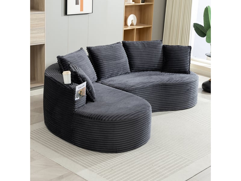  Canapé d’angle fixe 4 places en velours côtelé gris foncé 250 x 152 x 82 cm, porte-gobelets, poches, coussins 250x152x82cm - Conforama B