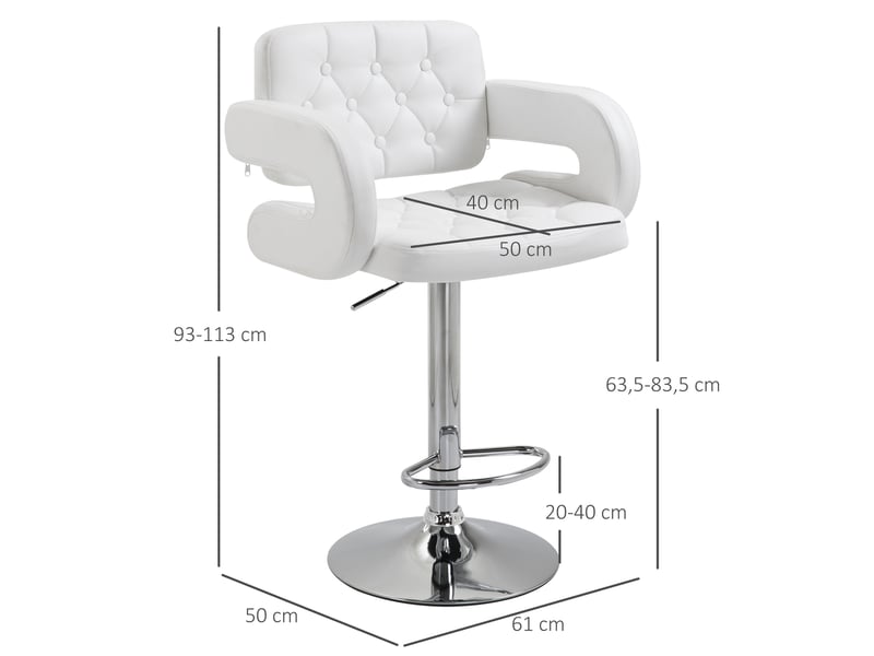  Tabouret de bar pivotant chaise de bar réglable en hauteur avec dossier repose-pieds et accoudoirs 61x50x93-113cm blanc  - Conforama E