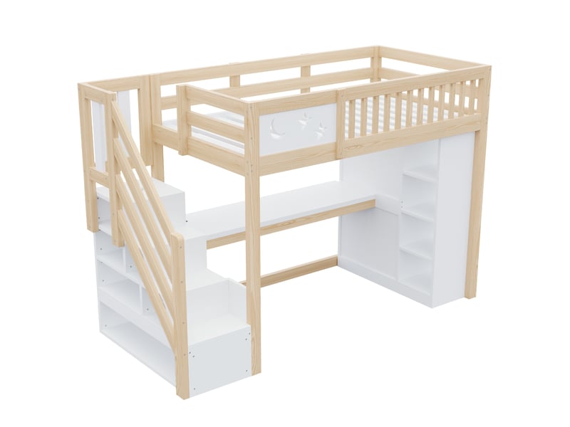  Lit mezzanine enfant 90x200 cm – naturel et blanc – bureau, led, escalier-rangement - sans matelas  - Conforama D