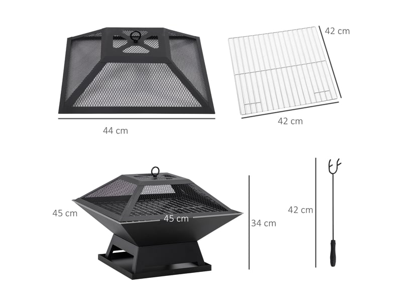  Brasero de jardin en acier avec grille 45 x 45 x 34 cm – noir – pare-étincelles et tisonnier inclus  - Conforama C
