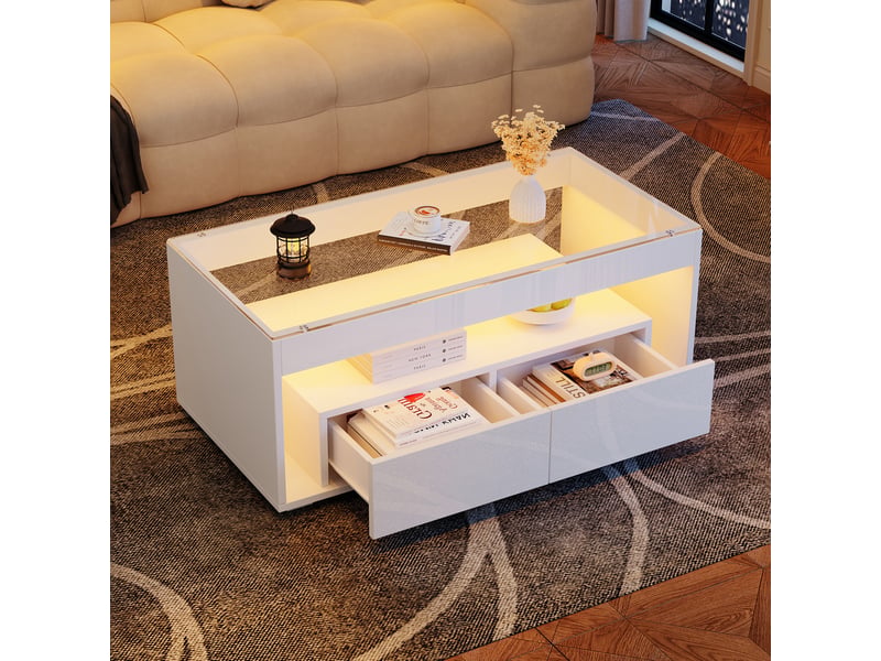  Table basse led 100 x 50 x 40 cm avec 2 tiroirs, verre trempé et usb, blanche  - Conforama D