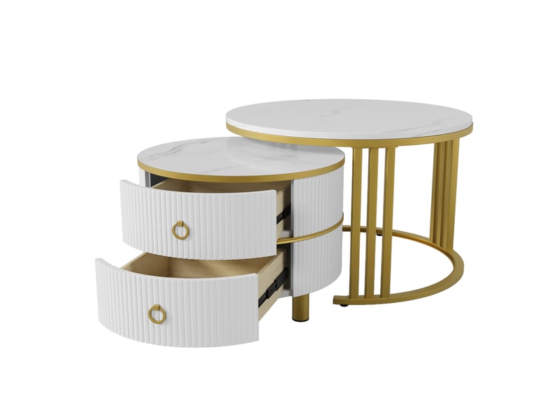  Table basse ronde 2 en 1 en mdf, table d'appoint avec plateau brillant et plateau en marbre blanc, combinaison table basse salon avec 2 tiroirs, 70 x 70 x 46 + 50 x 50 x 40 cm  - Conforama D