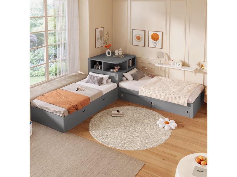  Lit plateforme, lit enfant 90x200 cm, lit gigogne, gris, led  - Conforama D