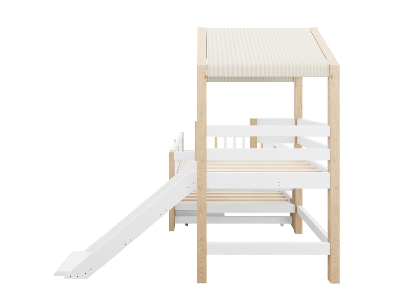  Lit superposé 90 × 200 cm et 90 × 190 cm, toboggan, escalier et 2 tiroirs, sans matelas, bois massif blanc naturel  - Conforama E