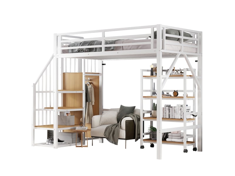  Lit mezzanine 90x200 armoire tringle meuble 4 niveaux roulant garde-corps sommier métal mdf blanc naturel sans matelas  - Conforama A