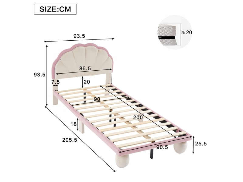  Modenvie lit enfant 90x200 cm - led multicolore, sommier inclus - sans matelas, beige et rose  - Conforama C