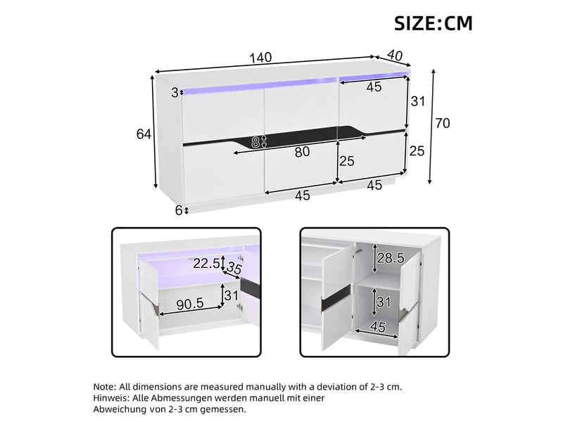  Buffet avec 3 portes, 5 étagères réglables et éclairage led, blanc et noir, 140 × 40 × 70 cm  - Conforama D