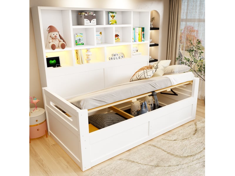  Lit pour jeune, lit simple, 90x200 cm, doté d’un espace de rangement led, aménagement de chambre, mdf, coloris blanc  - Conforama E
