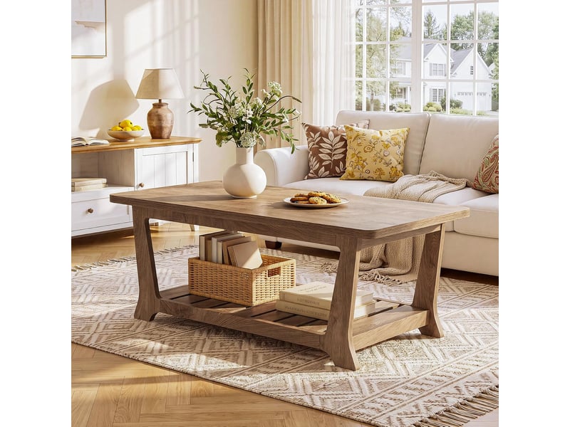  Tables basses rectangulaires avec espace de rangement pour le salon, table basse de 120 cm en bois brun style champêtre, à deux niveaux avec étagères  - Conforama E