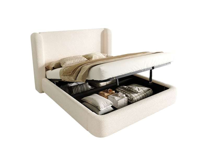  Lit coffre 2 places 140x190 cm avec sommier à lattes bouclette beige  - Conforama A