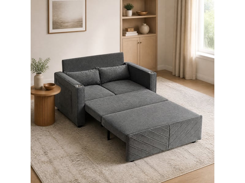 Canapé droit convertible 2 places gris foncé en tissu avec usb, système coulissant pour siestes et invités  - Conforama B