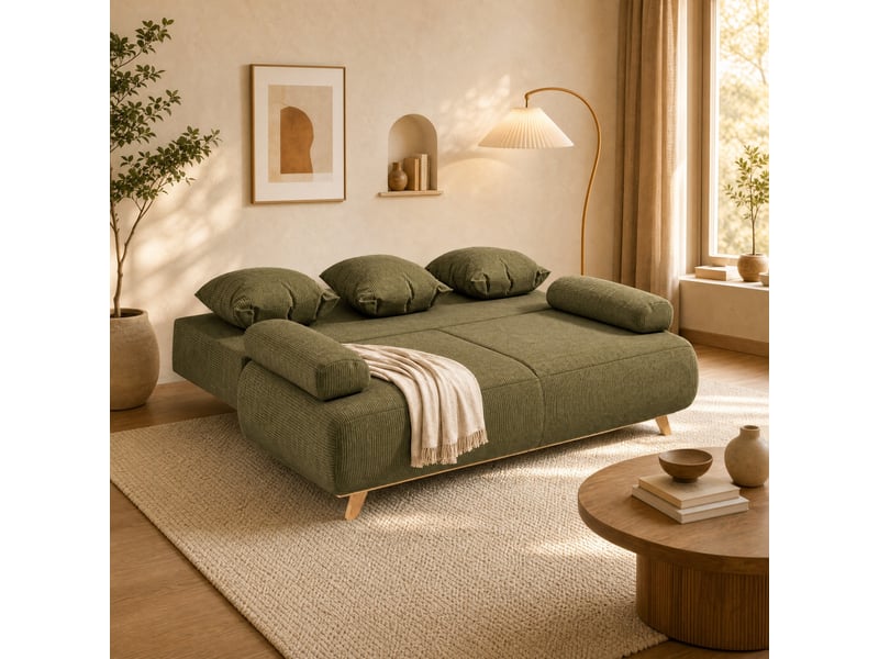  Canapé convertible 3 places avec rangement et dossier réglable  - coussins, velours côtelé bois - vert foncé  - Conforama C