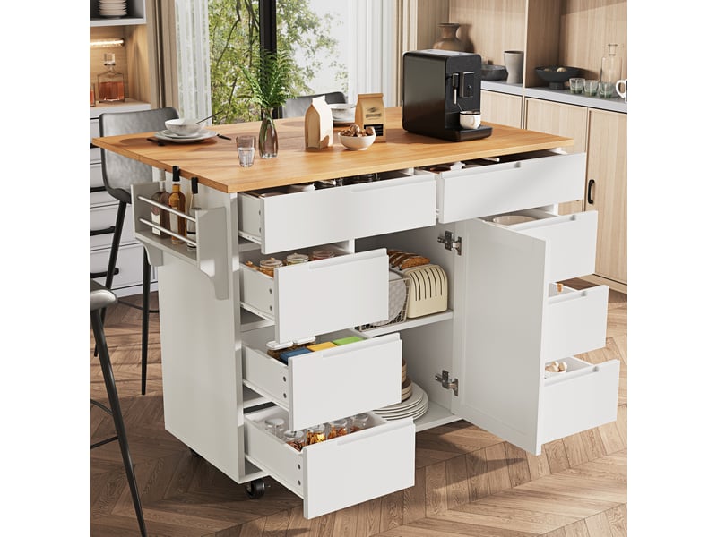  Îlot de cuisine mobile 122 cm, plateau rabattable, 8 tiroirs et roulettes, blanc  - Conforama B