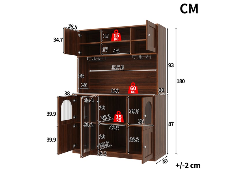  Buffet haut de cuisine 120x40x180 cm, vaisselier à portes vitrées, led multicolore via application, étagères réglables, plan de travail, brun foncé  - Conforama D