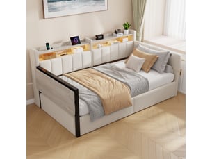 Lit coffre 90 × 200 cm en velours blanc, table rabattable, led, usb-c et module latéral réversible