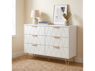 Commode 6 tiroirs, 100x34x72.5cm, meuble de rangement avec dispositif anti-basculement, bois et métal, style moderne, blanc et or