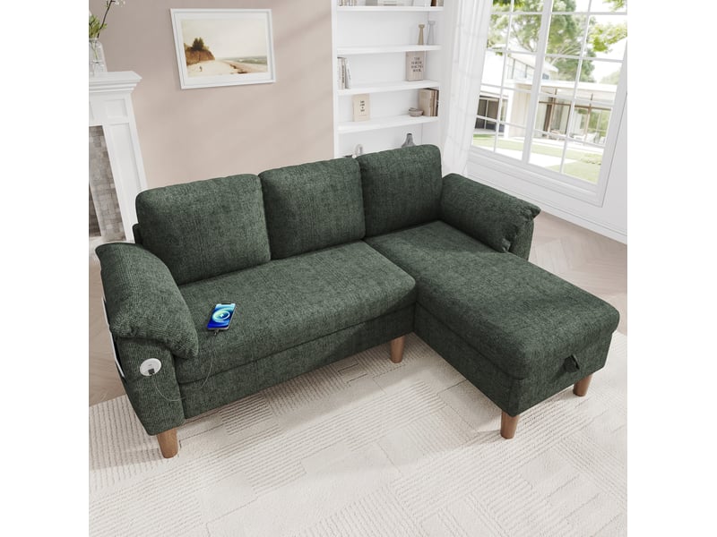  Canapé d'angle 3 places 181x125x88 cm avec méridienne et rangement vert  - Conforama B