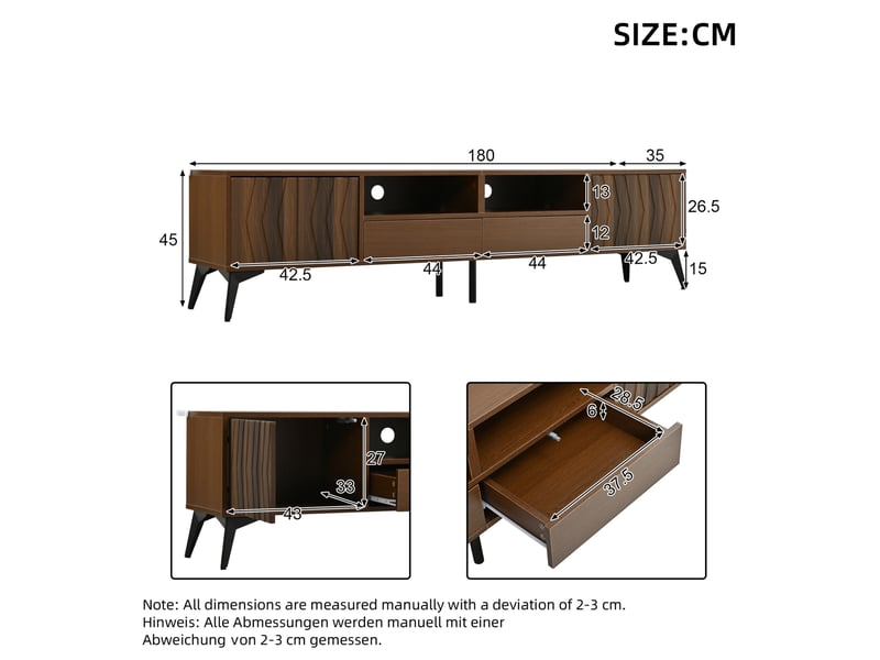 Meuble tv 180 cm avec 2 portes et 2 tiroirs, finition noyer - Conforama C