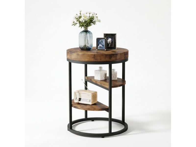  Bout de canapé tcqpz rond 3 niveaux 50 x 65 cm rangement ouvert métal et bois brun rustique  - Conforama A