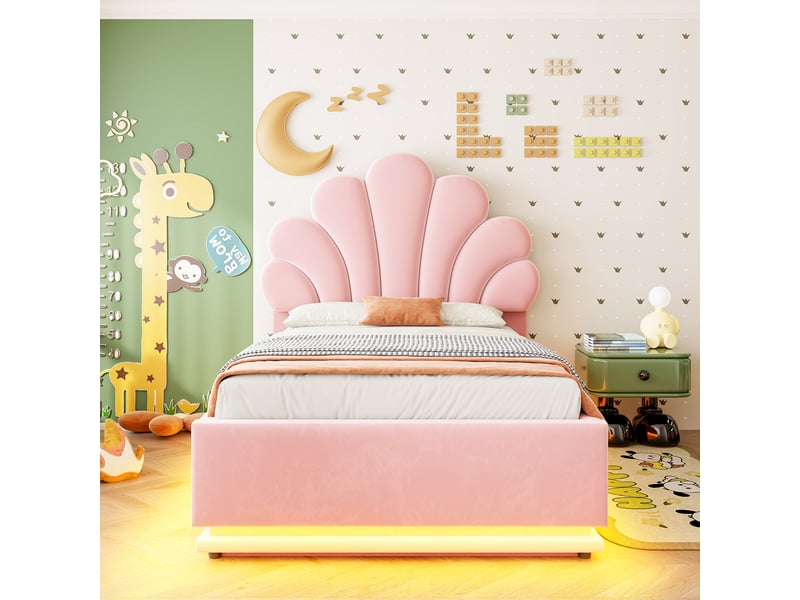 Lit coffre 90x200 cm - lit 1 place avec rangement hydraulique, tête de lit fleurie et led - cadre métal - rose - Conforama D