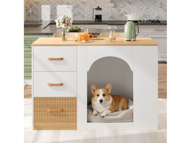 Desserte de cuisine avec espace pour animal, 3 tiroirs et 2 niches ouvertes, en mdf blanc, 120 × 60 × 90 cm - Conforama C