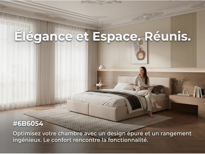  Lit coffre avec tiroirs - 140x200cm - avec rangement hydraulique et sommier à lattes - beige  - Conforama E
