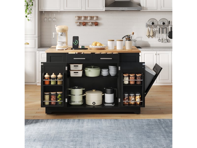  Ilot central de cuisine - 138x86x92cm - desserte de cuisine avec plateau bois naturel, prises, roulettes et poubelle - noir et bois  - Conforama C