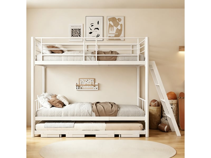  Lit superposé métal avec lit gigogne 90x200 cm blanc métal et bois extensible 180x200 cm gain de place pour chambre enfant et petit espace Sol Morn - Conforama D