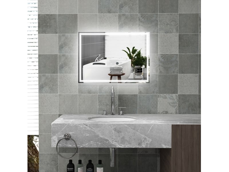  Miroir lumineux de salle de bain à éclairage réglable, antibuée et commande tactile en verre argenté 70 × 50 × 4 cm  - Conforama B