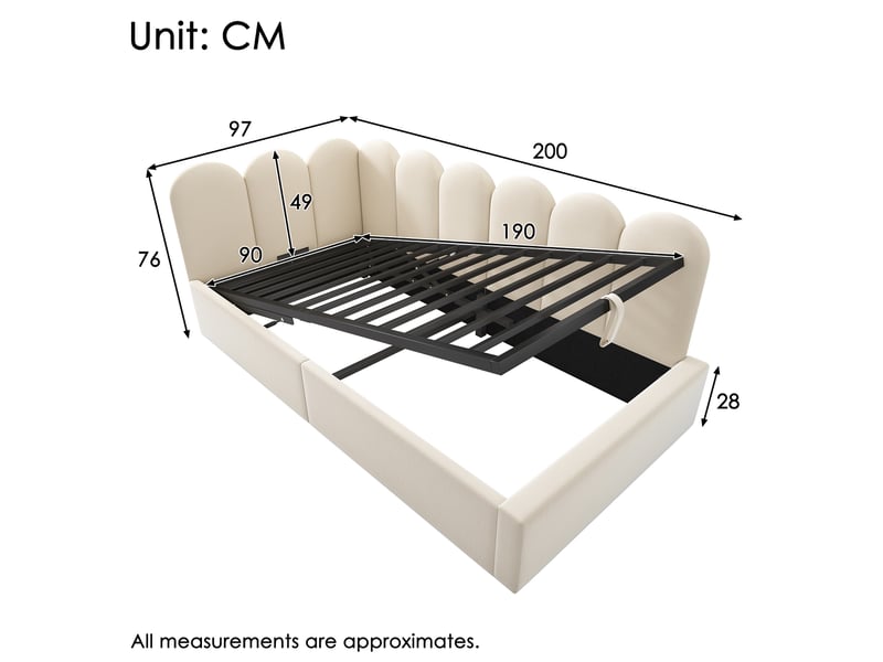  Lit coffre 90x190 cm avec rangement hydraulique et sommier à lattes en métal, velours, beige, sans matelas  - Conforama C