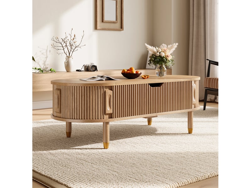  Table basse ovale 110 x 48 x 57 cm naturelle en mdf, plateau relevable hydraulique et portes coulissantes  - Conforama B