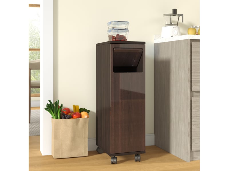 Meuble poubelle roulant 24,2 x 35,1 x 80,2 cm marron mdf, porte 180 degrés et roulettes verrouillables - Conforama B