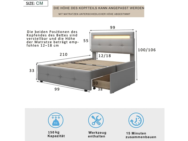 Lit simple 90x200 cm en tissu gris, led, 2 tiroirs de rangement, lit enfant et ado - Conforama C