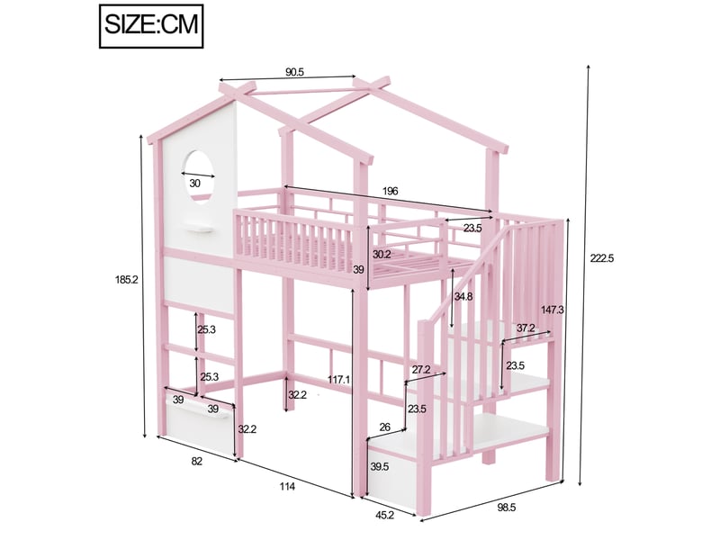  Lit mezzanine cabane 90x200 cm avec escalier de rangement et led, rose et blanc  - Conforama E