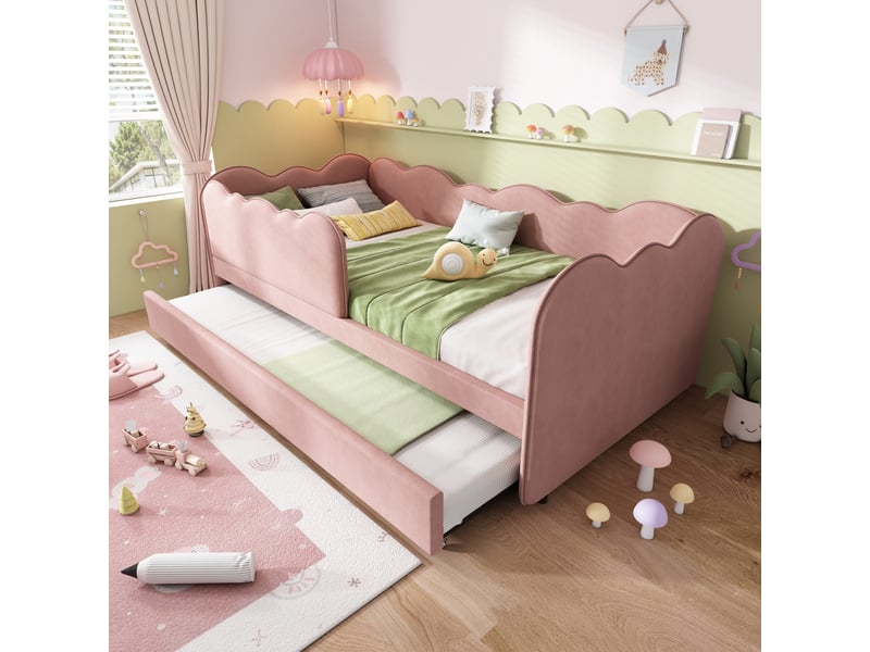  Lit gigogne enfant 90 × 190 cm 1 place avec barrière amovible et lit tiroir, sans matelas, en velours, rose  - Conforama B