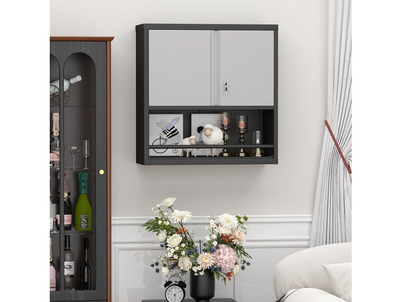  Armoire de rangement murale 76,2 x 30,5 x 78 cm noir et blanc en métal, 2 portes verrouillables, étagères réglables  - Conforama D