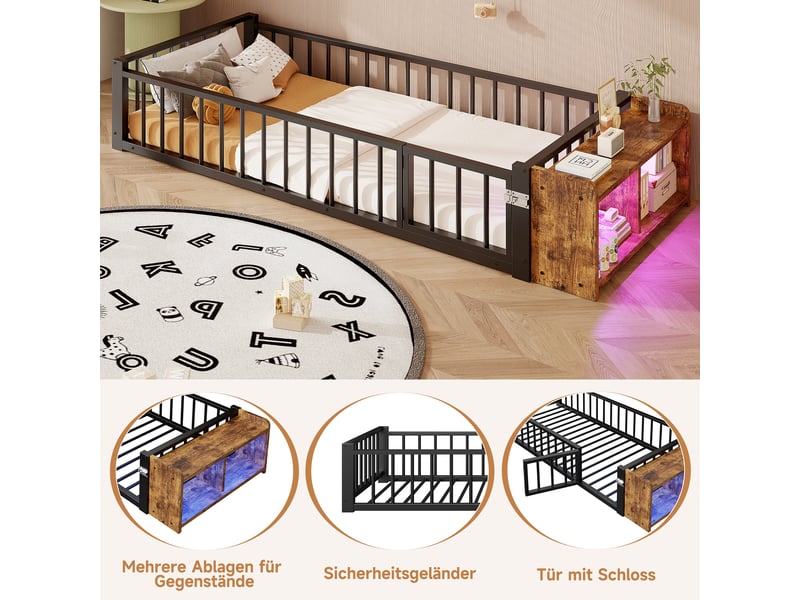  Lit plat en métal 90 x 200 cm, noir, sans matelas, led, rangement ouvert et garde-corps  - Conforama E